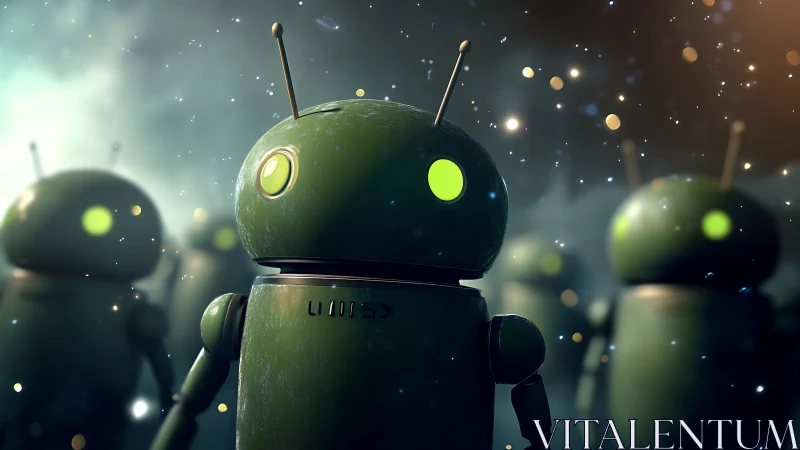 Glowing green robots march through soft cosmic bokeh field.