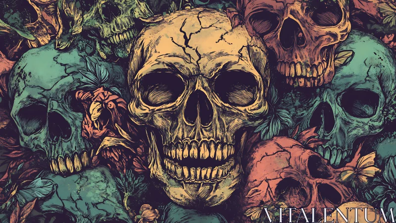 Colorful skull garden weaving beauty through decay.