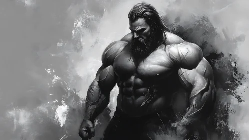 Monochrome hyper-muscular warrior rendered in dramatic chiaroscuro