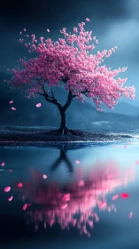 Solitary cherry tree mirrored in luminous twilight pond.
