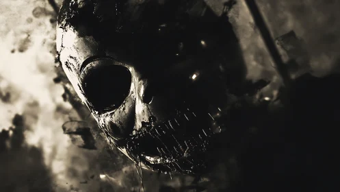 Metallic skull emerges through swirling smoke and shadow