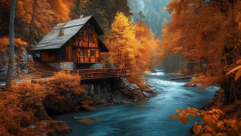 Riverside cabin glows in vivid autumn forest serenity