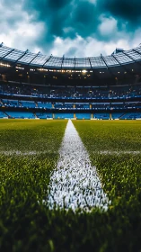 Soccer stadium field line under dramatic cloudy sky.