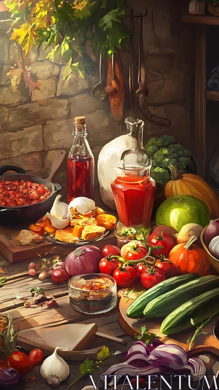 Rustic stone-kitchen still life with harvest vegetables and jars.