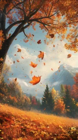 Crimson leaves swirling through sunlit alpine valley panorama.