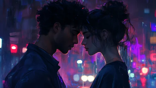 Neon city rain cradles two lovers in a quiet, tender pause