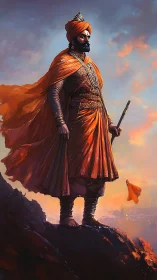 Regal warrior in saffron robes surveys a sunset battlefield