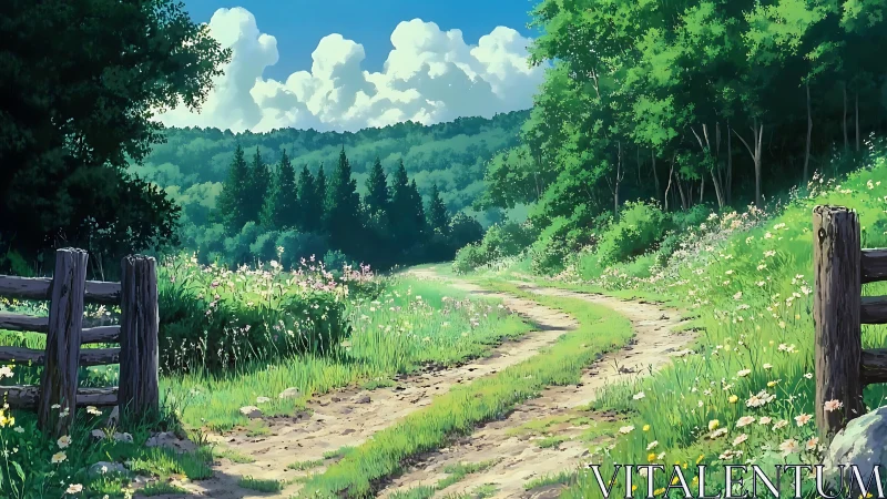 Sunlit country lane curves through lush summer meadow landscape