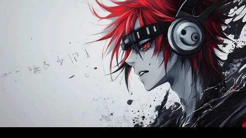 Profile of red haired cyberpunk anime listener with headset