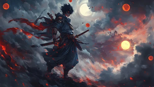 Storm-scarred ronin walking twin suns in burning clouds.