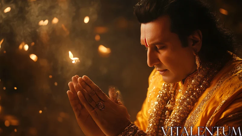 Side-lit devotee in ornate saffron attire amid floating embers