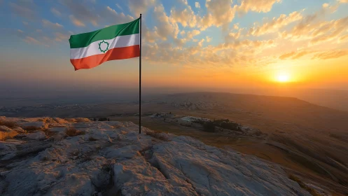 Sunlit tricolor flag above rocky plateau at golden sunset.