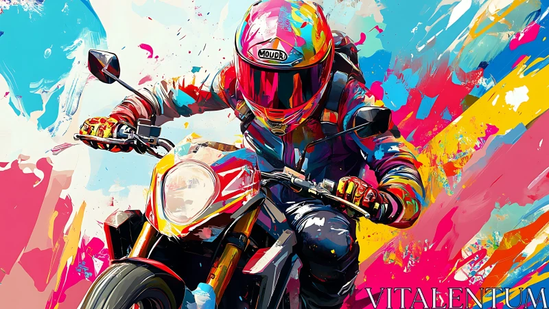 Motorcyclist rides through saturated abstract color streaks