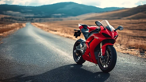 Red sport motorcycle on open country highway at sunset.