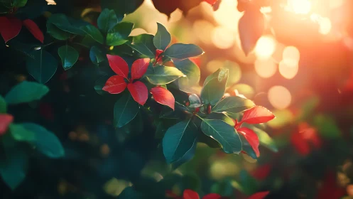 Sunlit garden leaves glow with red and green contrast