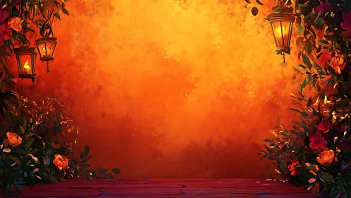 Lantern lit floral corridor frames textured warm orange backdrop