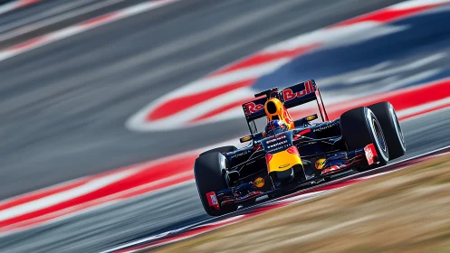 Scarlet racing circuit bends around a flying F1 missile.