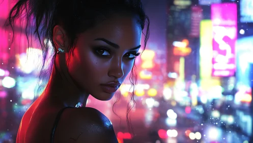 Neon city portrait under vibrant futuristic night glow.