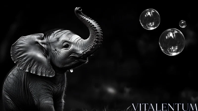 Tiny elephant discovers starlit bubbles in velvet night