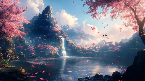 Cherry blossom mountains whisper softly above silver waters