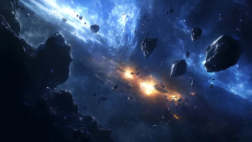 Epic asteroid field glowing with distant cosmic firestorm.