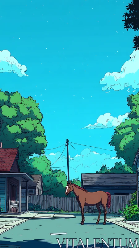 Gentle horse pauses in a quiet neighborhood street at dusk.