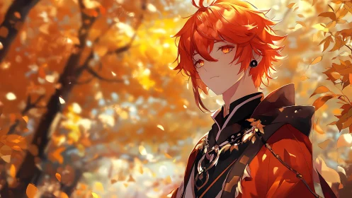 Autumn-eyed wanderer gazes through a swirling ember forest