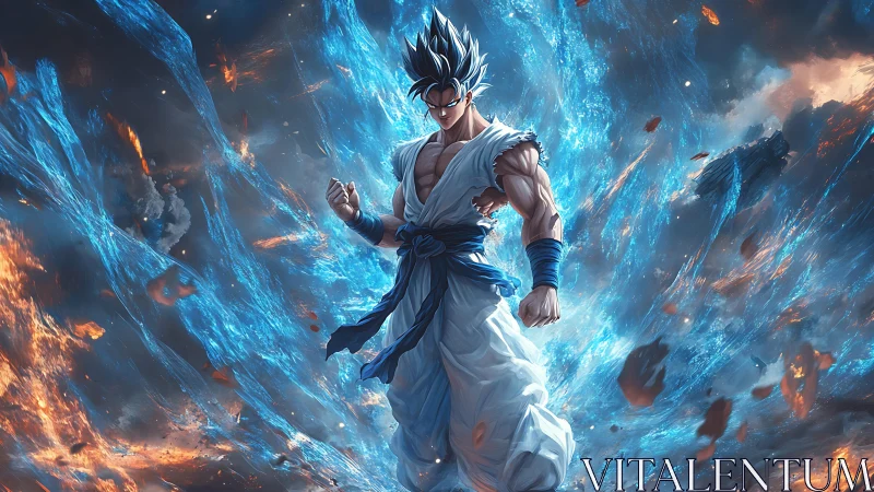 Blue haired anime warrior in energy field with debris.