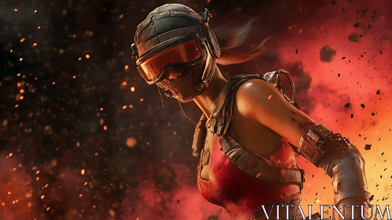 Armored cyberpunk warrior charging through fiery debris.