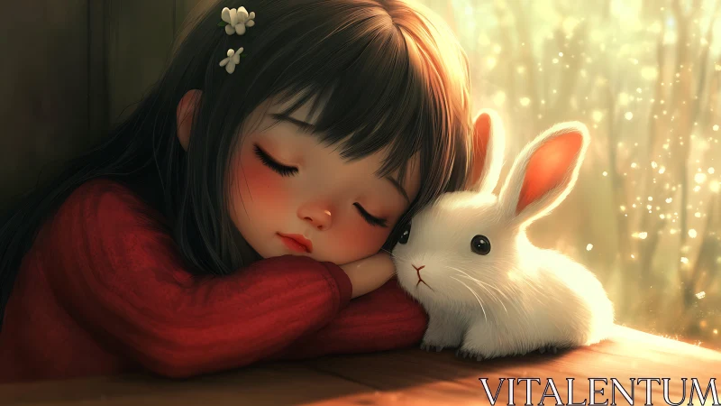Sleeping child with white rabbit in warm backlit close-up