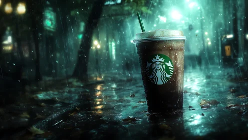 Rain-soaked iced coffee glowing on a cozy night street.