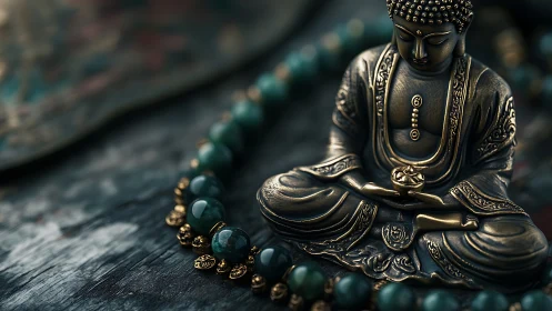 Bronze Buddha listens softly while jade prayer beads whisper