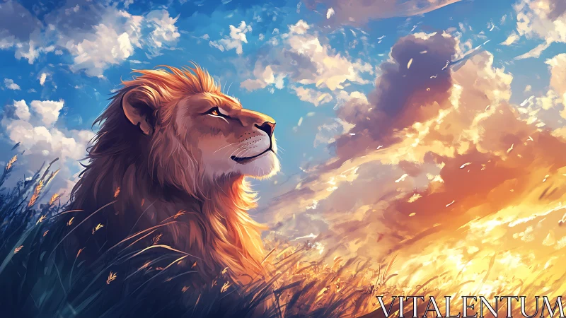 Regal lion profile in windblown grassland at radiant sunset