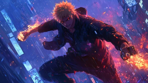 Fire-wielding warrior in rain-soaked neon cityscape at night.