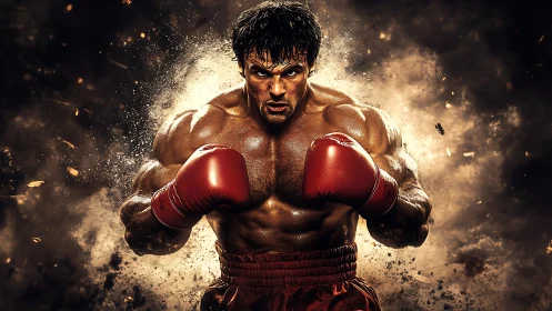 Professional boxer executing aggressive guard stance with volumetric particle effects