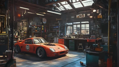Sunlit workshop refuge with a resting vintage race car.