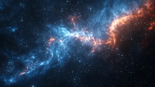 Streaks of blue and orange nebulae drift gently through space