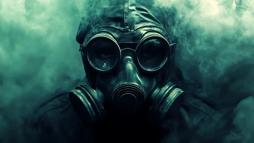 Person in gas mask surrounded by dense green smoke.