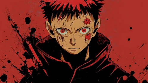 Blood-splattered anime boy stares forward under red void