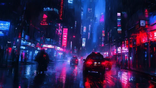 Neon-soaked cyberpunk street under heavy night rain.