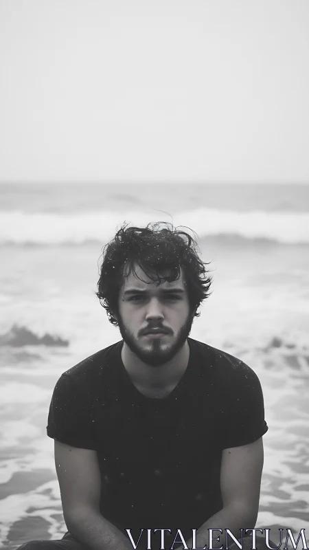 Young man sits at shoreline in moody grayscale portrait
