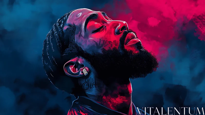 Side profile portrait shows man in neon blue and red light