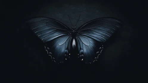 Black butterfly wings spread over dark minimal backdrop.