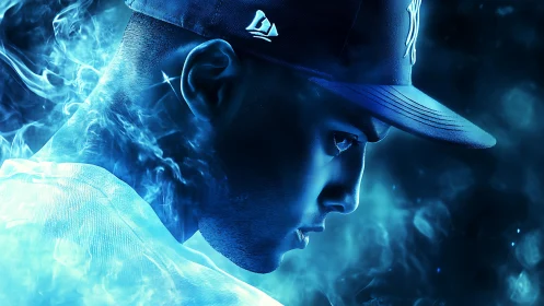 Intense blue portrait of a focused man in glowing smoke