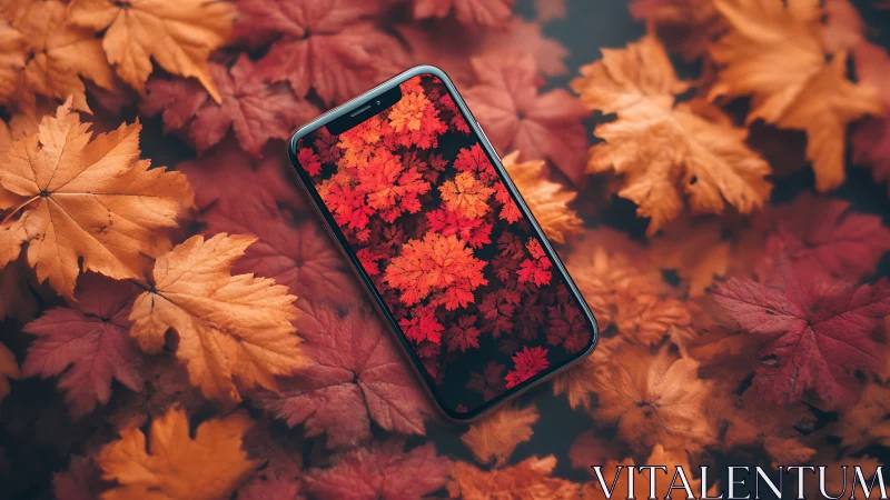 Smartphone lies among autumn leaves and mirrors foliage