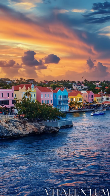 Colorful waterfront houses beneath vivid sunset sky.