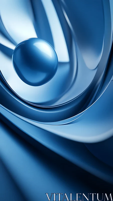 Metallic blue sphere hovers within curved layered ribbons
