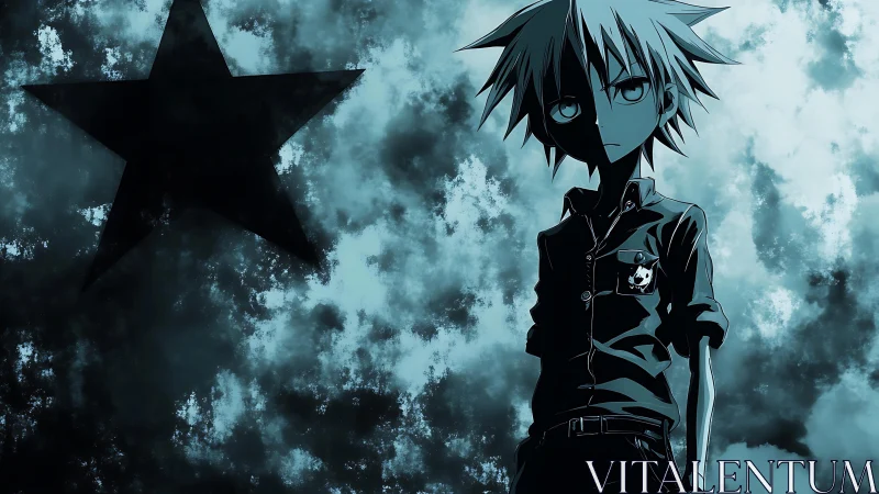 Moody anime boy in monochrome storm cloud backdrop.
