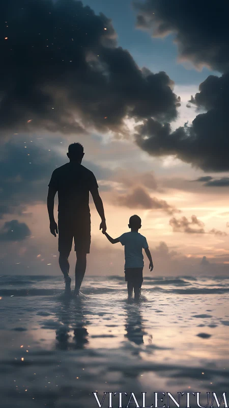 Gentle sunset walk with parent and child at the shore.