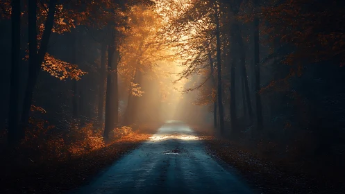 Autumn's Golden Pathway Through the Misty Forest.